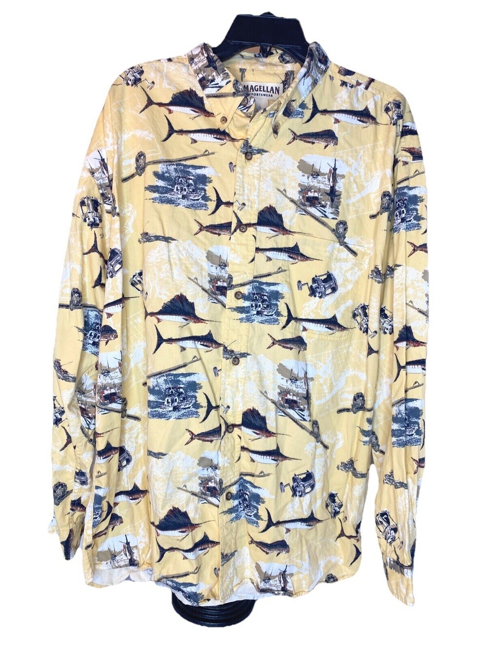 Vintage Magellan Sportswear Fish Print Shirt Mens XL Beige Marlin Fishing